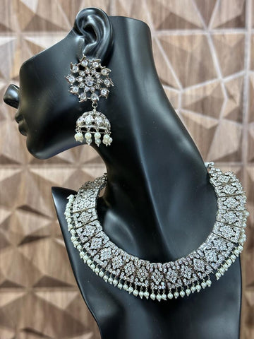 silver-plated jarao necklace and matching jhumka earring